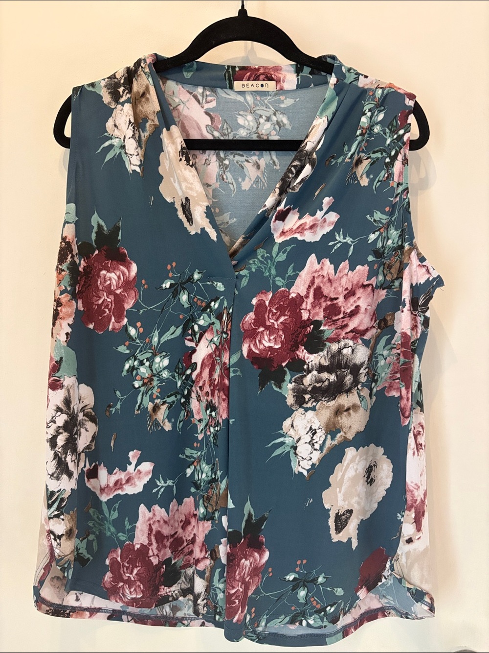 Beacon Teal Floral Sleeveless V-Neck Blouse Feminine Coquette Business Casual 1X